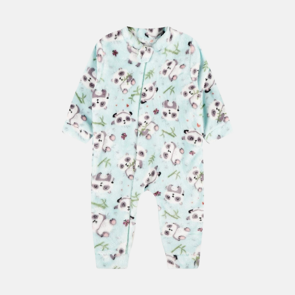 Macacão fleece verdinho com estampa de pandas