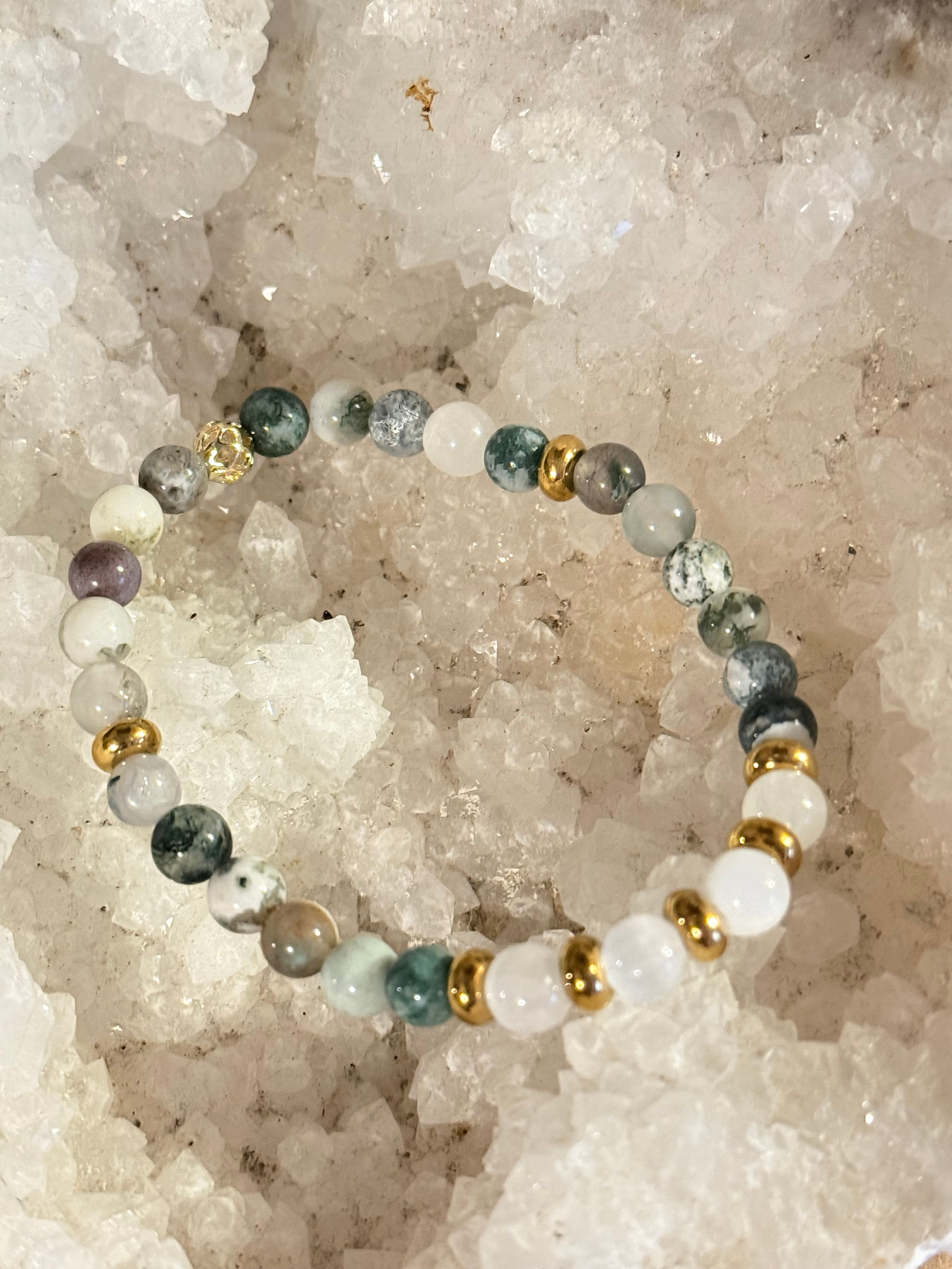 Bracelet Pierres 6 mm Agate Arbre-Sélénite