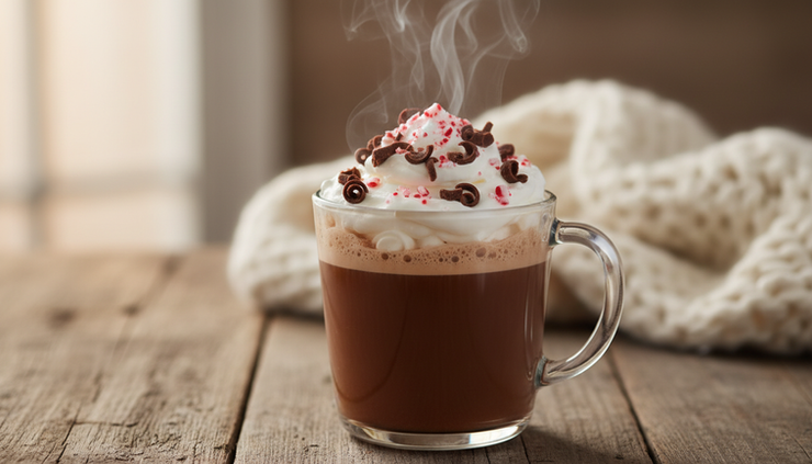 Close-up of a peppermint mocha topped with whipped cream and chocolate shavings.