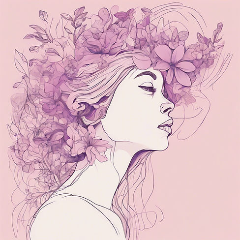 line art abstract drawing of flowers growing out of the top a girls head, soft pink and pu