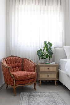 כורסה אדומה בסגנון וינטג' ליד צמח ירוק