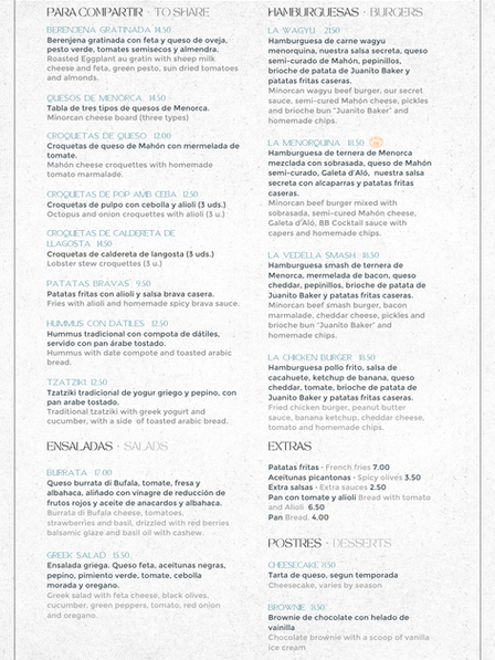 Carta de comida en español e inglés BB Cocktail Bar menorca