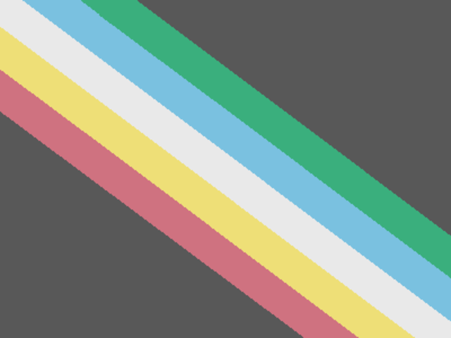 A charcoal grey flag with a diagonal band from the top left to bottom right corner, made up of five parallel stripes in red, gold, pale grey, blue, and green.