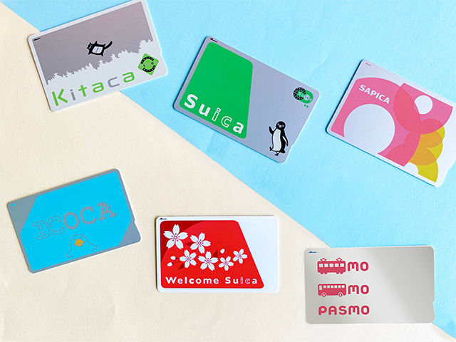 Six colorful transit cards with text and designs on a pastel background. Cards show names: Kitaca, Suica, Sapica, ICOCA, Welcome Suica, Pasmo.