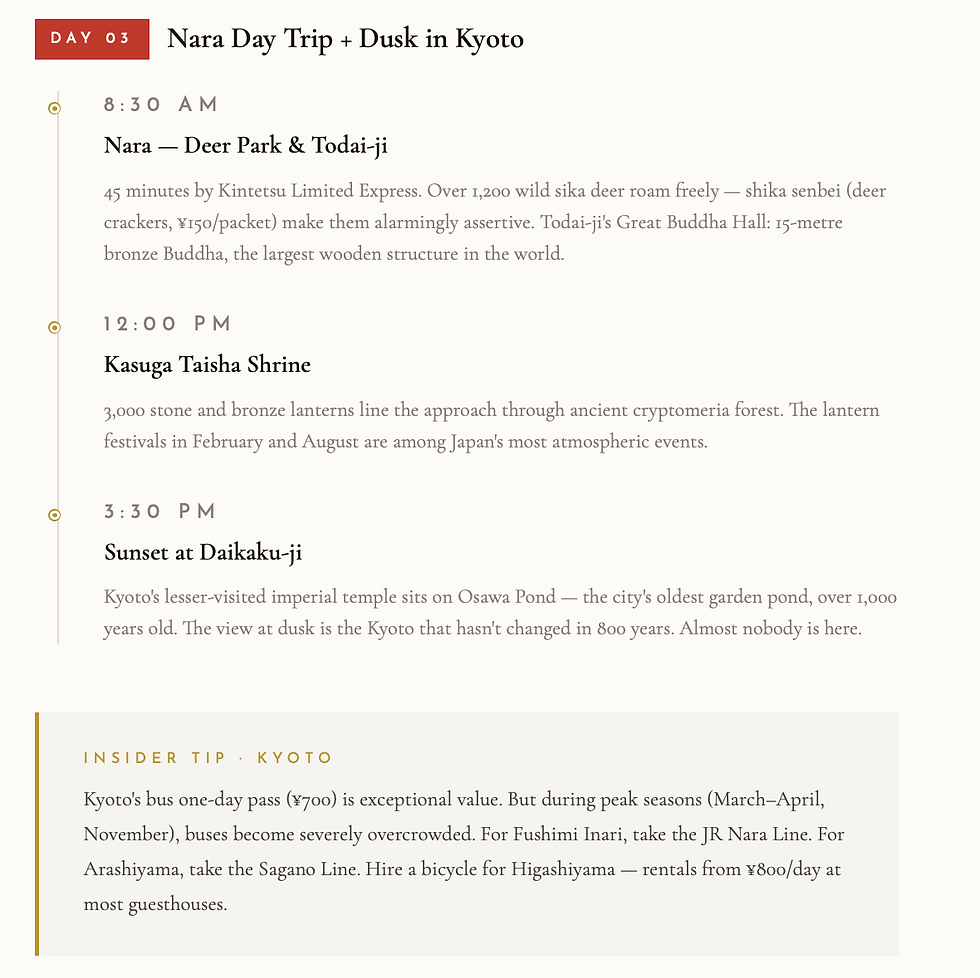Day 3 itinerary: Nara Day Trip + Dusk in Kyoto. Visits to Deer Park, Todai-ji, Kasuga Taisha Shrine, and Daikaku-ji. Insider Tip for Kyoto travel.