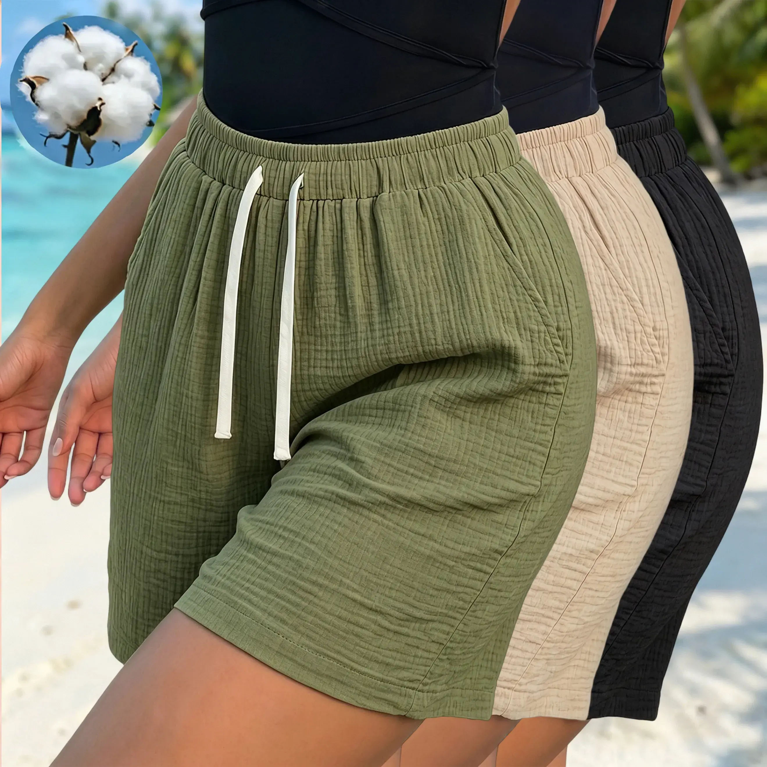 3-Pack Women’S Summer Shorts, 100% Cotton, Solid Color, Comfortable, Breathable,
