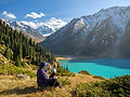 Father and son travel in the mountains Live communication between dad and child Family tim