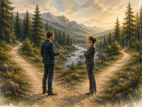 Watercolor illustration of two business professionals having a difficult conversation at a fork in a forest trail overlooking a mountain river.