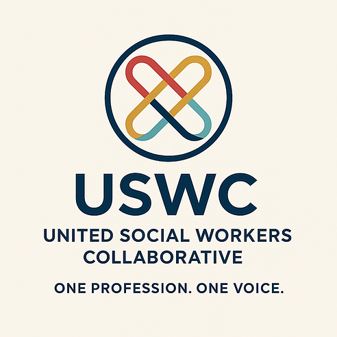 USWC logo with four interwoven colorful lines in a circle above the text ‘United Social Workers Collaborative"