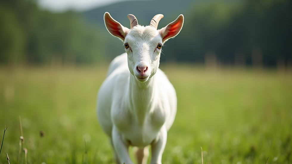Eye-level view of a white dairy goat standing in a green pasture
