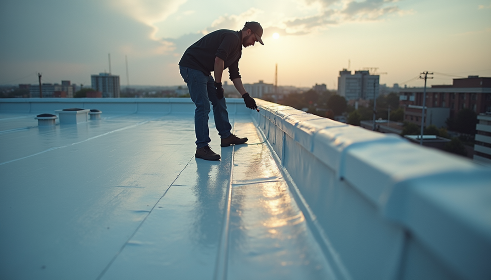 Eye-level view of a technician inspecting TPO roof seams for damage