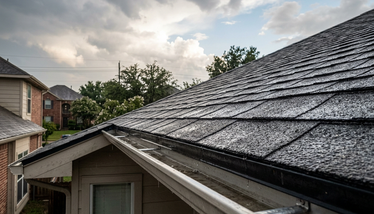 Low-angle view of a roof edge with storm clouds clearing overhead.