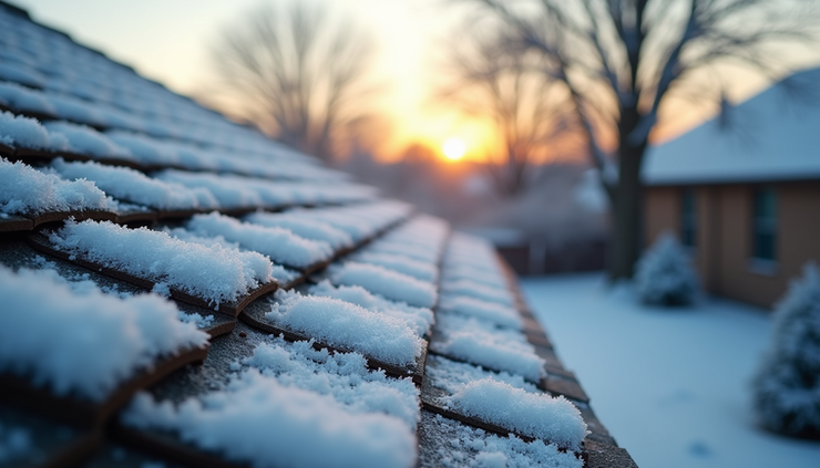 Eye-level view of a Texas residential roof covered with frost in early morning