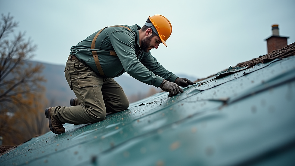 Eye-level view of a roofing contractor applying a temporary tarp on a damaged roof