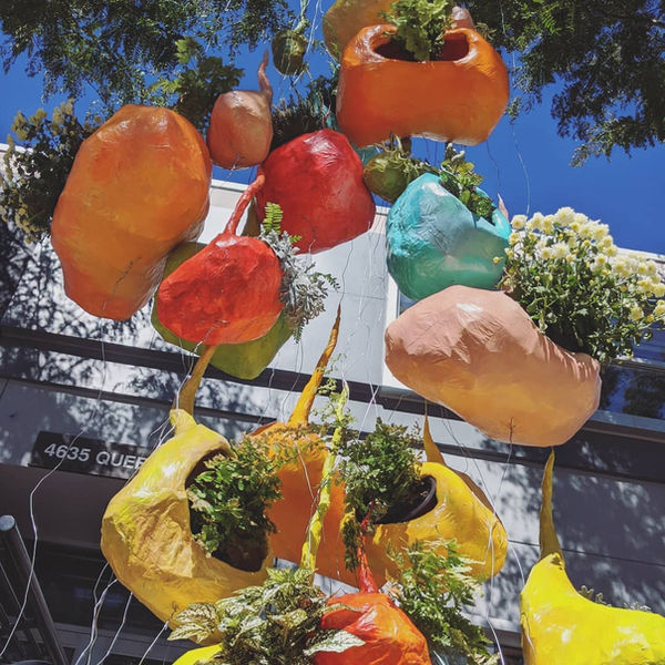 Recycled eco-art installation titled Nesting by Canadian artist Emma Lee Fleury, featuring suspended, colorful hive-like forms filled with living plants, created from reclaimed materials and installed outdoors during Niagara Falls Night of Art 2020, exploring themes of habitat, community, pollinators, and environmental awareness.