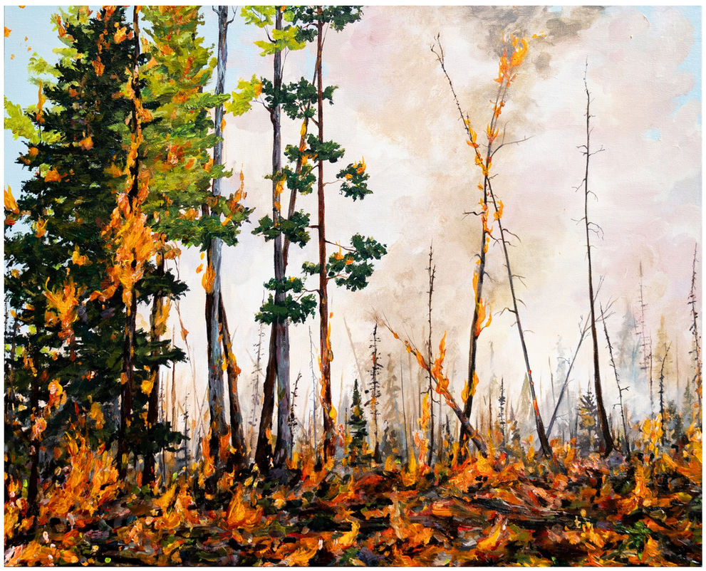 Original acrylic landscape painting by Muskoka-based contemporary artist Emma Lee Fleury depicting a forest during an active wildfire, part of the Anthropic Glow series exploring climate change and environmental transformation, created in Muskoka, Ontario.