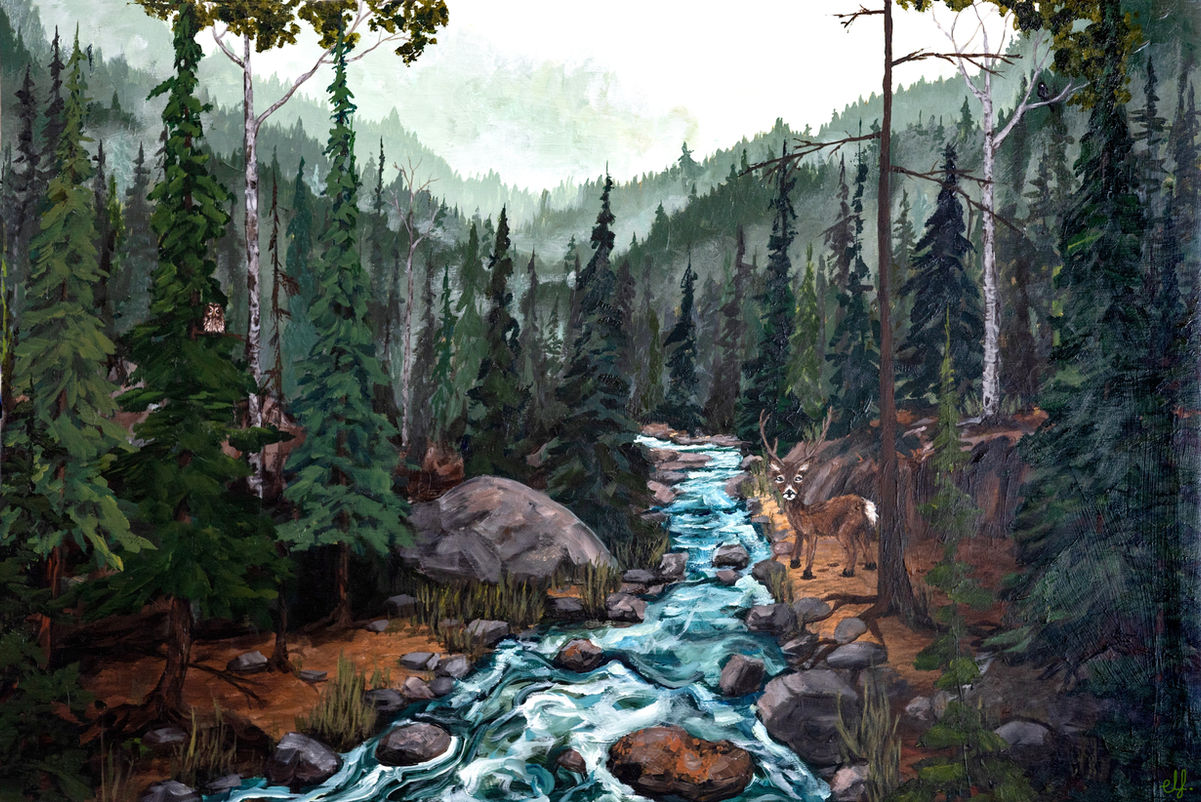 Original acrylic landscape painting by Canadian artist Emma Lee Fleury depicting a forest river at twilight with wildlife, inspired by the backwoods of Ontario, Canada, and created by a Muskoka-based artist whose work is exhibited and collected in Toronto and beyond.