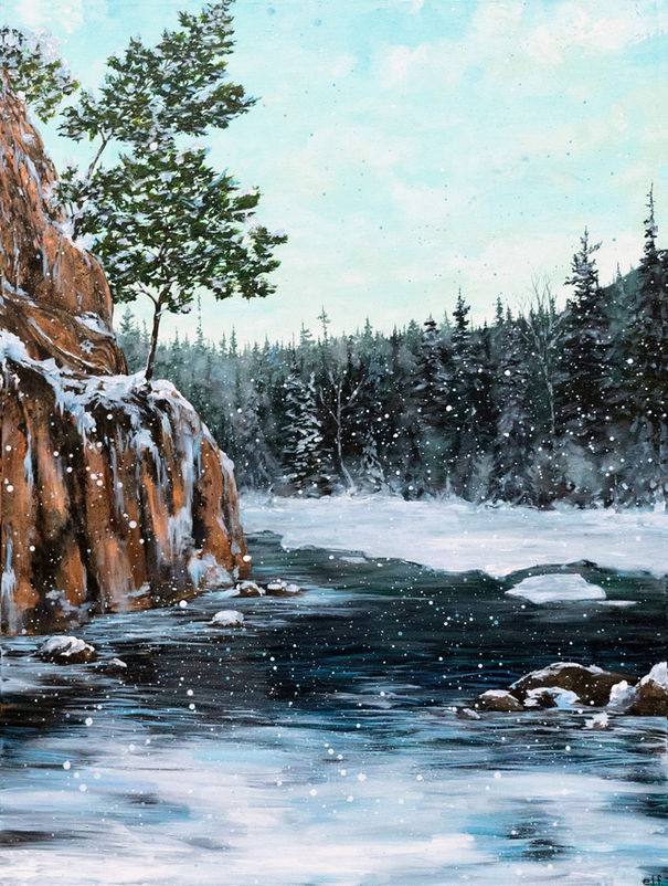 Original acrylic landscape painting by Canadian artist Emma Lee Fleury depicting a frozen river and snow-covered rock formations inspired by Killarney Provincial Park in Ontario, Canada, created by a Muskoka-based contemporary artist.