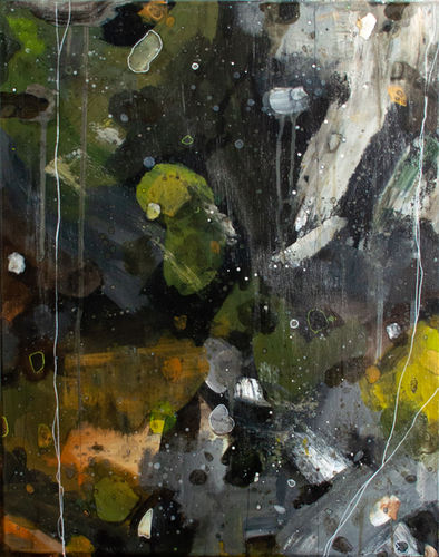 Abstract acrylic painting titled Crawling by Emma Lee Fleury, featuring layered dark greens, charcoal blacks, earthy browns, and organic textures suggesting movement beneath the earth, part of the Mindscapes Series, created in Muskoka, Ontario.