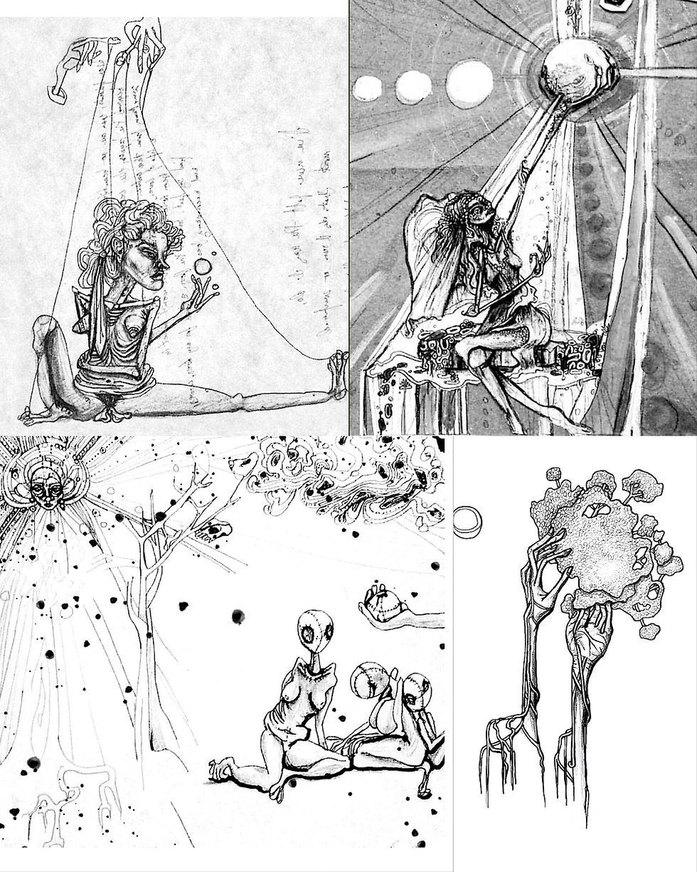 Surreal ink and graphite drawings exploring psychological themes, imagination, emotional symbolism, and human existence.