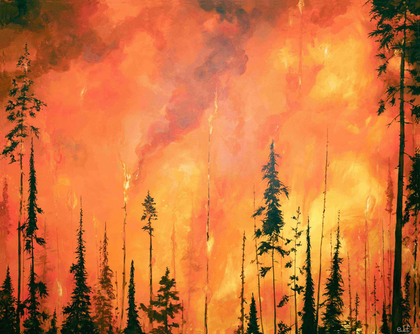 Original acrylic landscape painting by Muskoka-based contemporary artist Emma Lee Fleury depicting a forest engulfed in wildfire, part of the Anthropic Glow series exploring climate change and environmental consequence, created in Muskoka, Ontario.