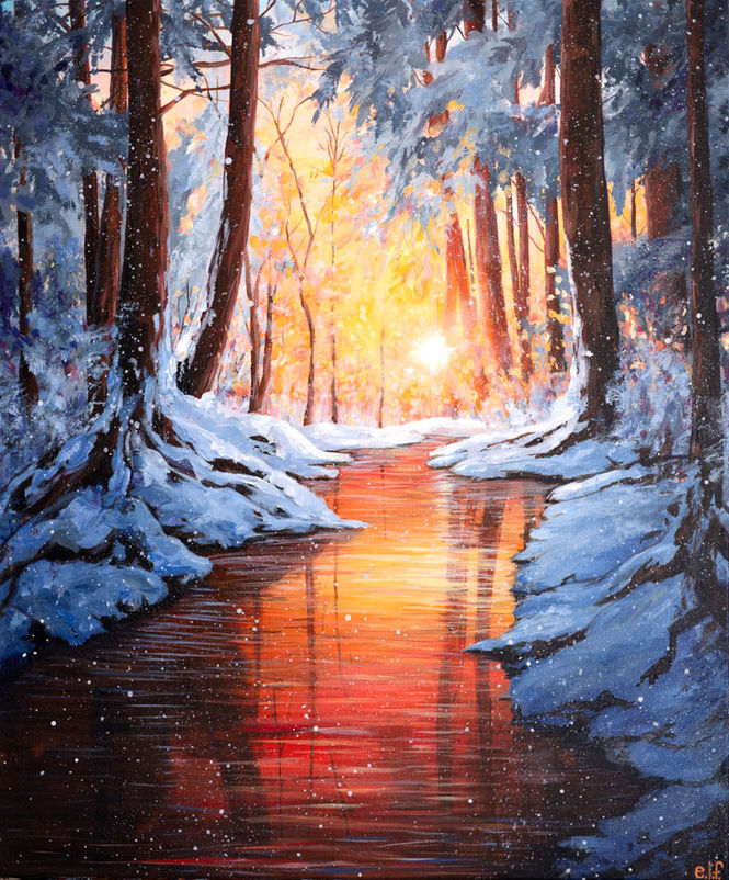 Original acrylic landscape painting by Muskoka-based Canadian artist Emma Lee Fleury depicting a winter forest with snow, a reflective stream, and warm sunlight breaking through the trees, exploring seasonal change and environmental balance in Ontario, Canada.