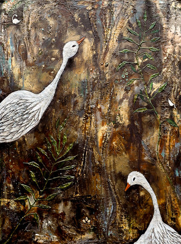 Textured mixed media painting by Canadian artist Emma Lee Fleury depicting two white geese in a warm, earthy pond landscape with layered organic textures and botanical elements. Nature-inspired contemporary artwork created in Niagara, Ontario, commissioned by a private client and available to collectors in Toronto, Muskoka, and across Canada.