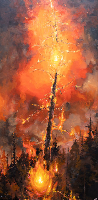 Acrylic landscape painting by Muskoka-based Canadian artist Emma Lee Fleury depicting a single burning tree within a forest, part of the Anthropic Glow series exploring climate change, environmental impact, and humanity’s relationship with nature, created in Muskoka, Ontario and exhibited to collectors in Toronto, Niagara, Canada, and beyond.