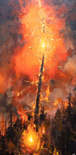 Acrylic landscape painting by Muskoka-based Canadian artist Emma Lee Fleury depicting a single burning tree within a forest, part of the Anthropic Glow series exploring climate change, environmental impact, and humanity’s relationship with nature, created in Muskoka, Ontario and exhibited to collectors in Toronto, Niagara, Canada, and beyond.