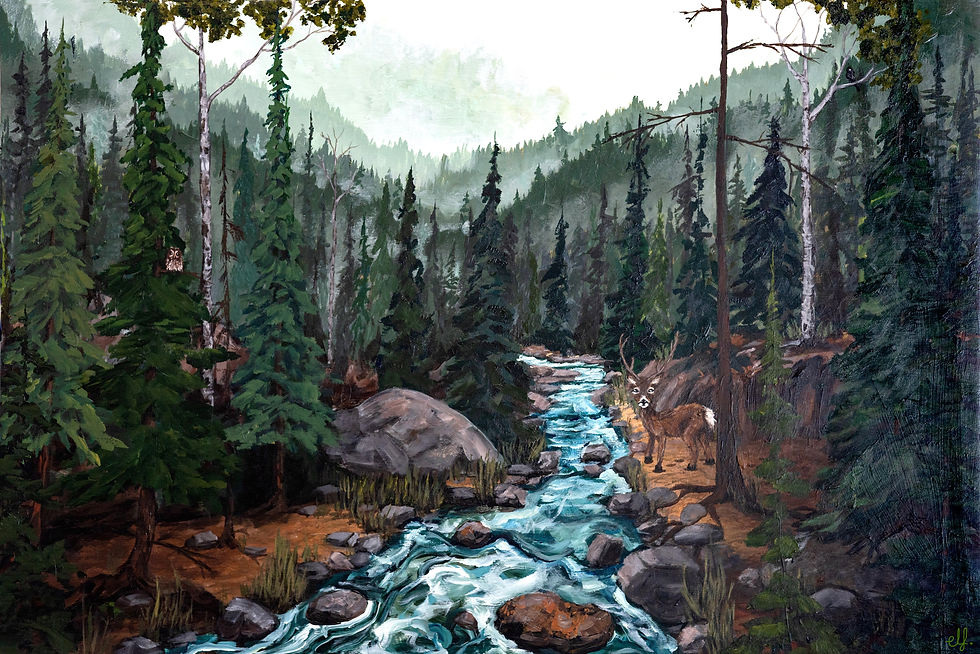 A serene forest scene with a deer by a flowing blue stream, surrounded by green pine trees and rocky terrain under a misty sky. Landscape painting, canadian artist, muskoka artist, landscape artist. moody misty painting.