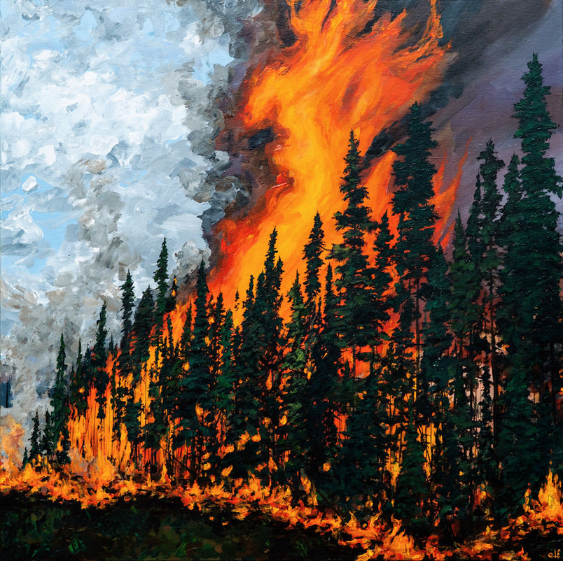Original acrylic landscape painting by Muskoka-based contemporary artist Emma Lee Fleury depicting a forest wildfire with flames rising through trees, part of the Anthropic Glow series exploring climate change and environmental impact, created in Muskoka, Ontario.