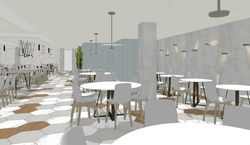 Vista general comedor y jardineras. Detalles de iluminación.