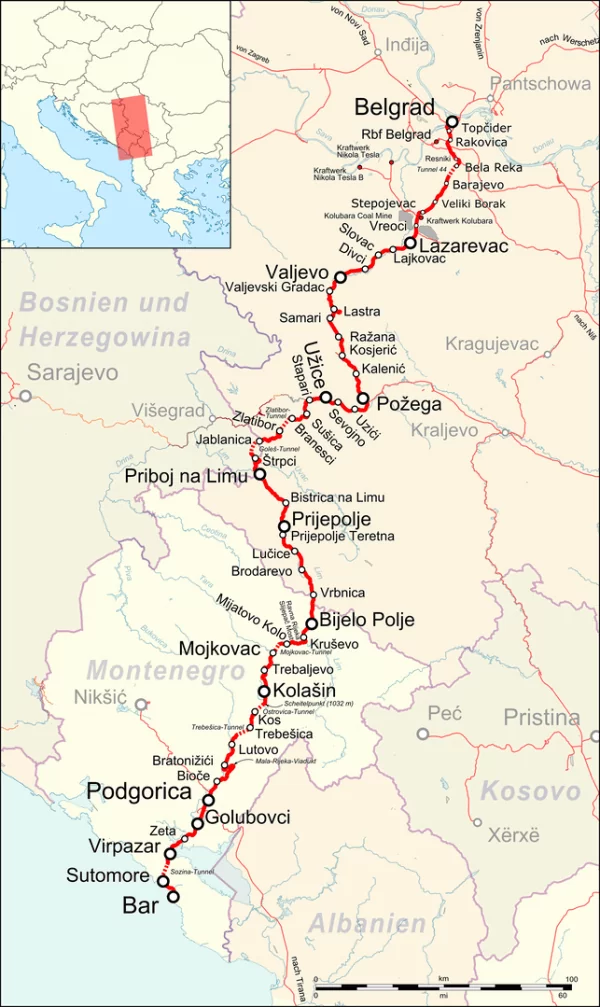 Streckenkarte von Belgrad nach Bar