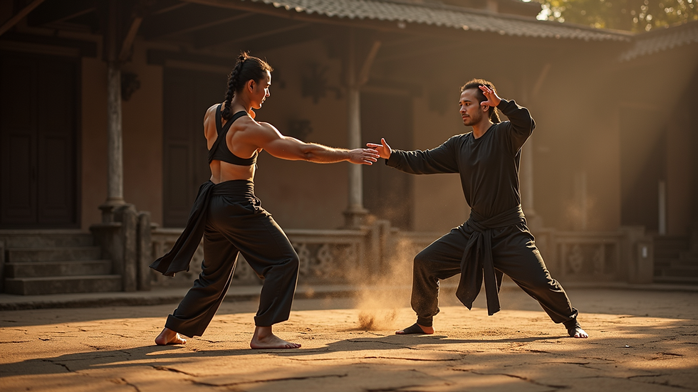 Eye-level view of a Kali Silat practitioner demonstrating a striking technique