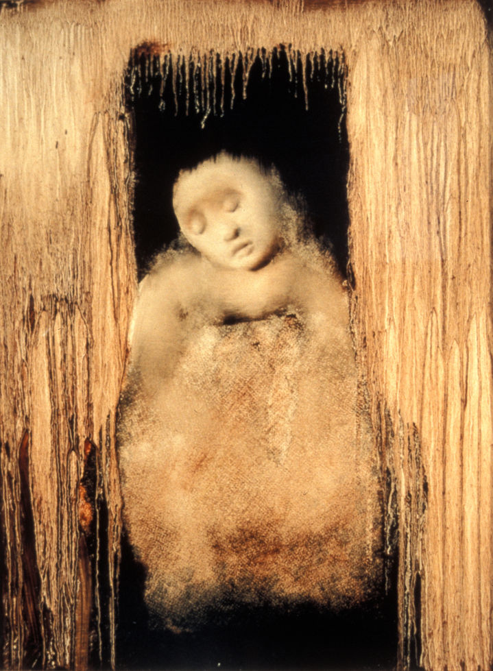 Painting by artist Sebastián Picker of a woman figure being washed away by running paint.