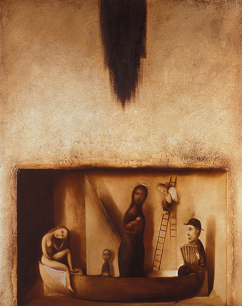 Figuras religiosas místicas sobre un barco, del artista Sebastián Picker.