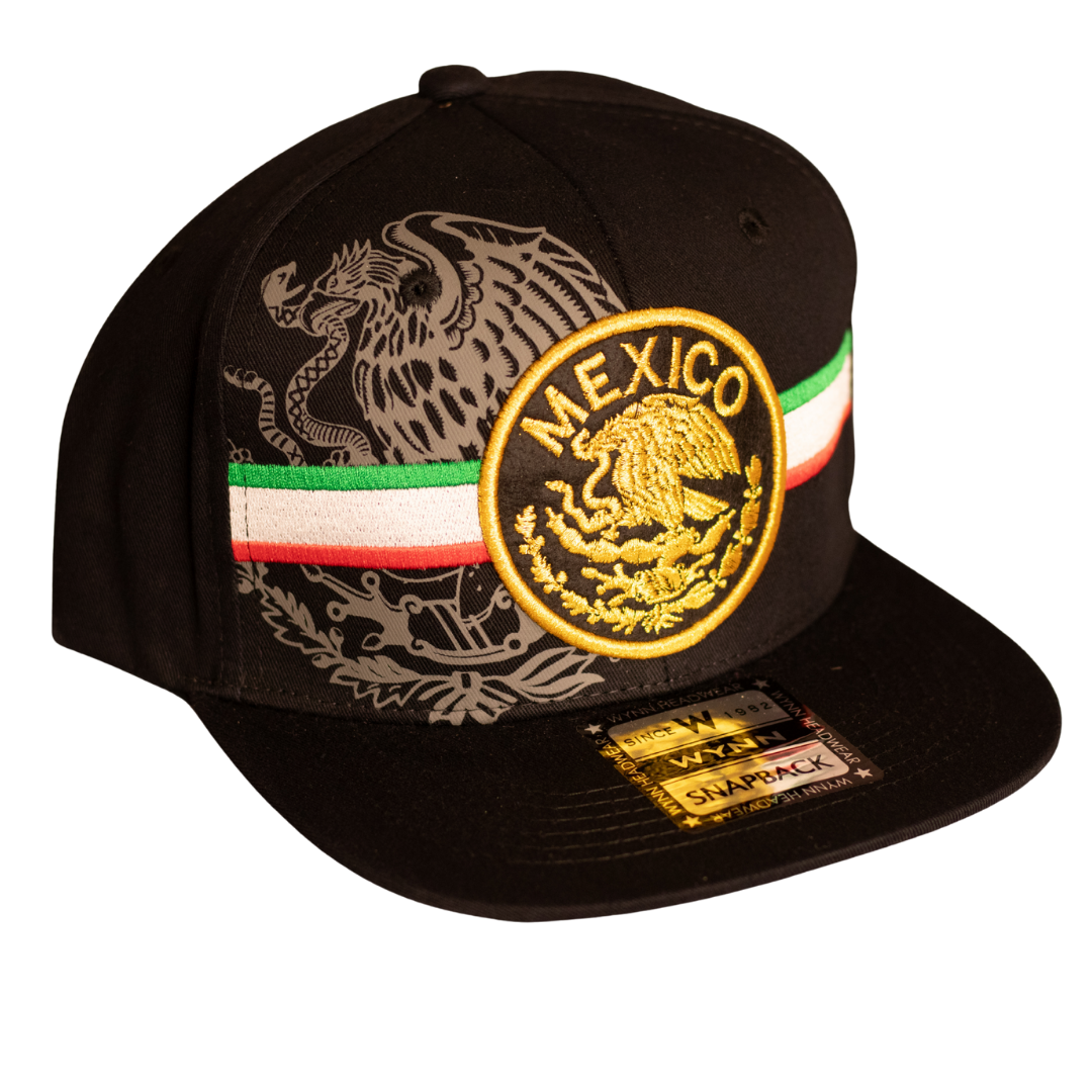 Black Snapback Hat with Mexico Eagle and Snake Emblem