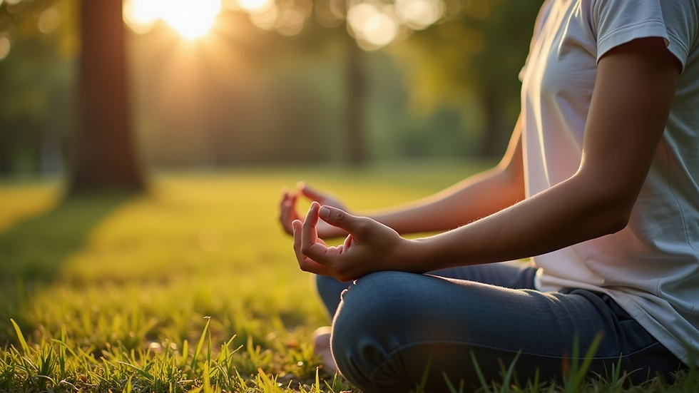 Close-up view of a person meditating in a serene outdoor setting