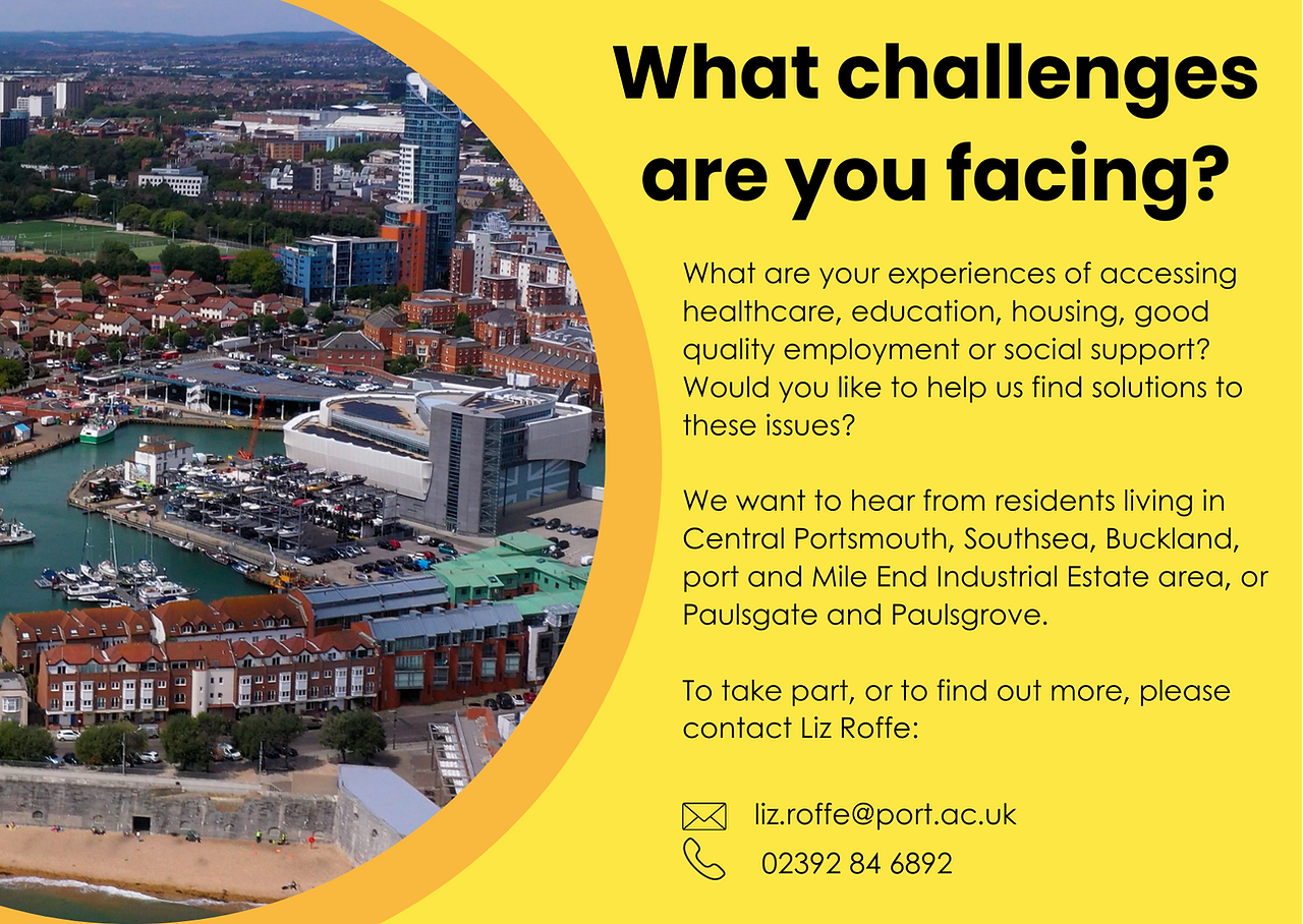 On the left side a circular picture of a city surrounded by water (Portsmouth) is surrounded by a gold bubble graphic. Black text on the right side reads "What challenges are you facing?