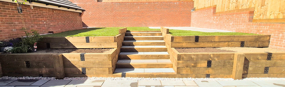 Garden makeover in Ivybridge, South Hams, New patio, turf, landscaped steps and raised planting