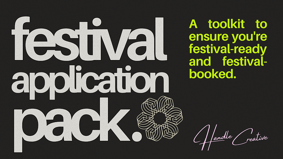 Handle Creative festival application graphics. black background with off-white writing and neon green accents.
