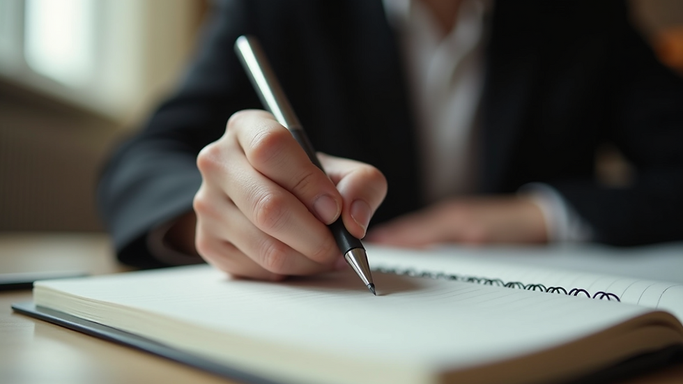 Close-up view of a person writing in a journal