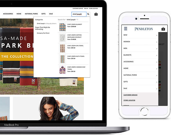 Desktop screen showing a dropdown of search suggestions related to information put in the search bar. Mobile screen shows clean design of a fly-out side navigation.