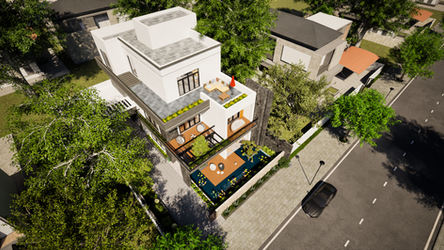 3D Rendering of a Modern Bungalow. Exterior Scene.