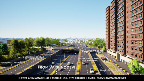 3D Rendering of the proposed 6-Lane Underpass at Ognaj Junction, on SP Ring Road, Ahmedabad, Gujarat, India.