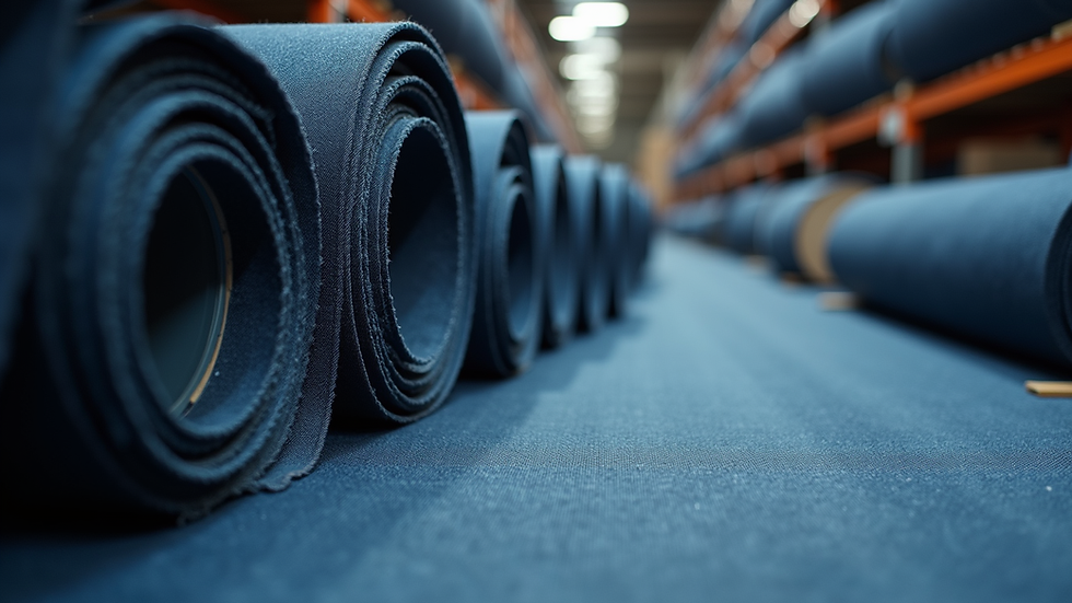 Eye-level view of denim fabric rolls stacked in a warehouse