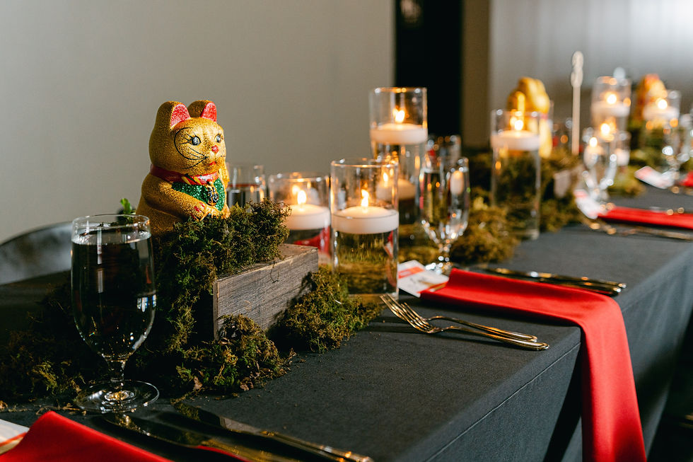 Traditional Chinese wedding decorations at a table of a Chinese fusion wedding