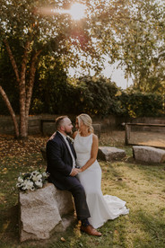 September wedding month New England bride and groom outside