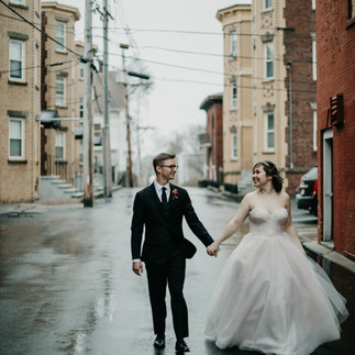 March wedding New England bride and groom outside