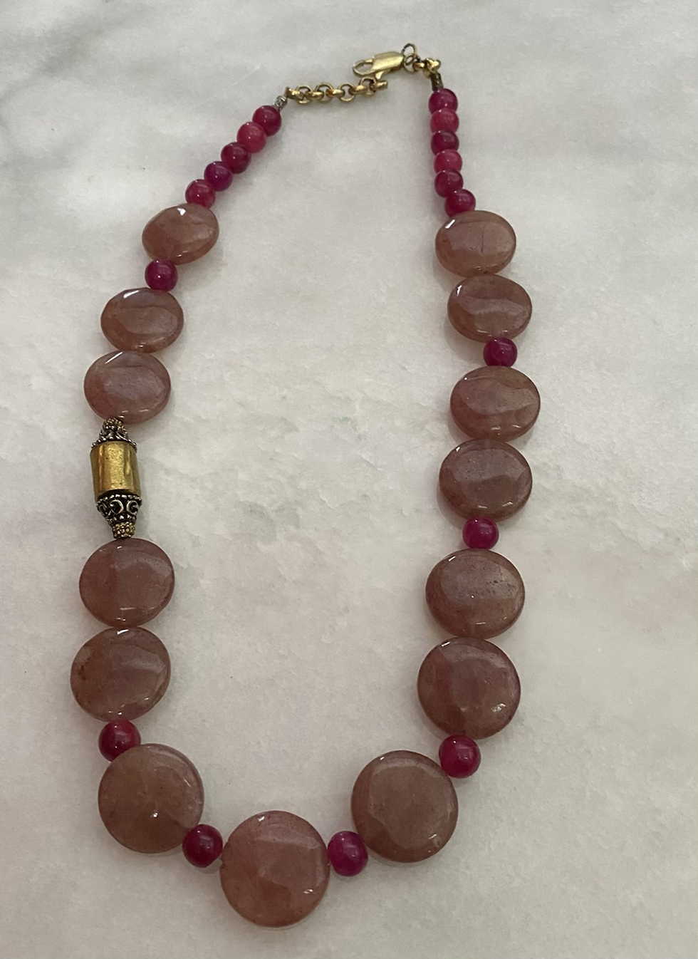 Rhodochrosite, Aventurine and bronze necklace